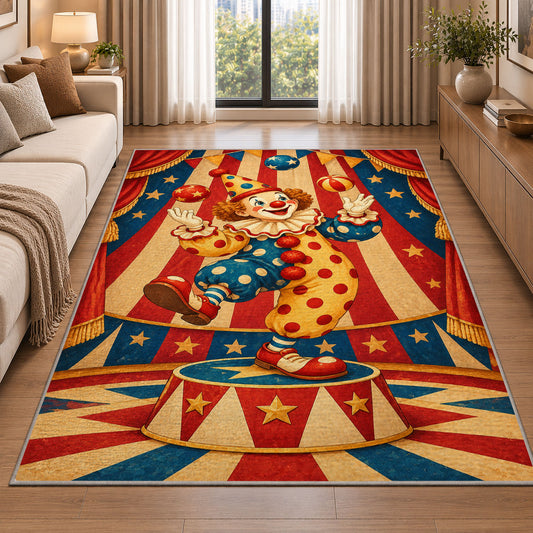Vintage Clown Rug in a bright living room with a sofa