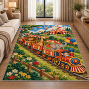 Circus Train Rug in a bright living room with a sofa