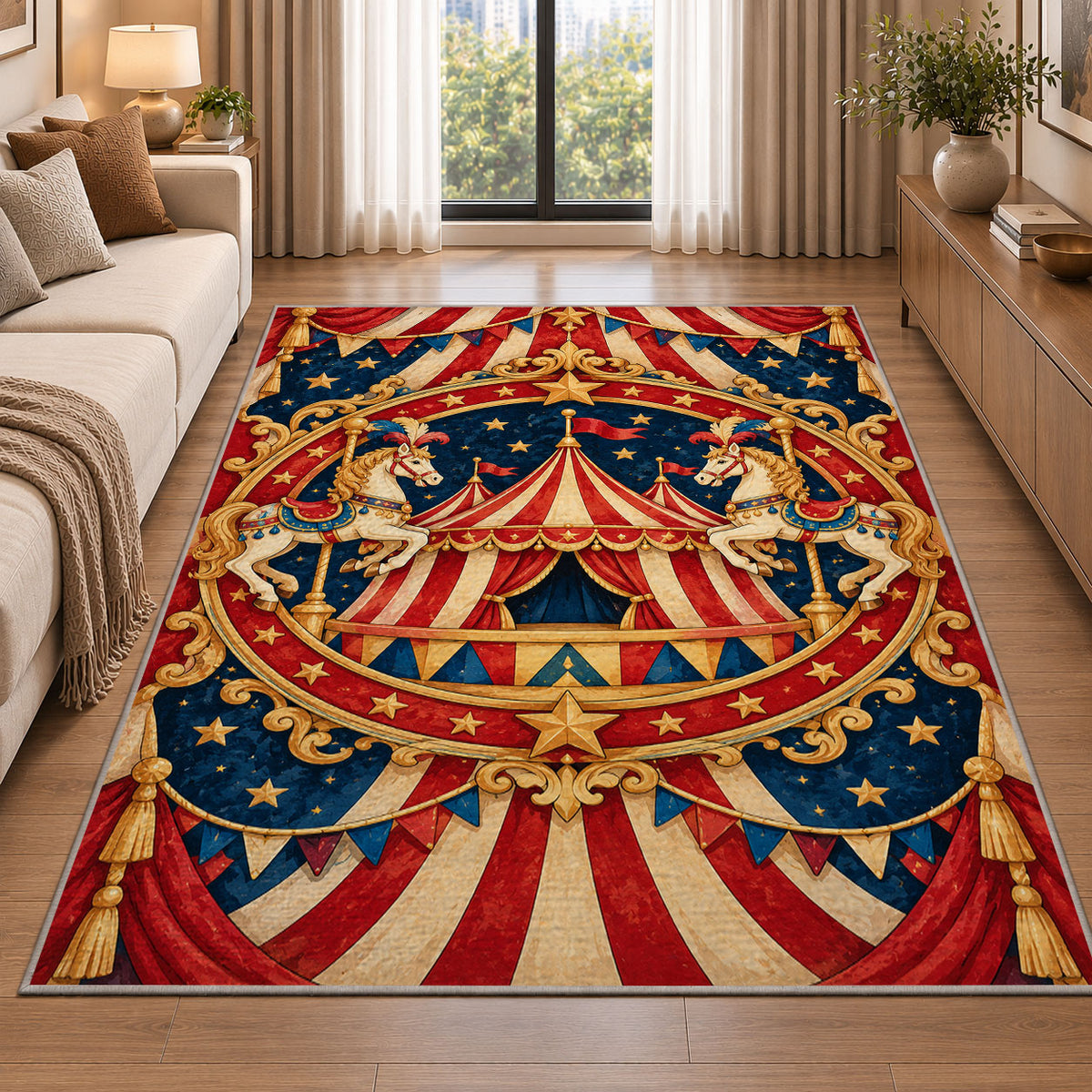 Vintage Circus Emblem Rug in a bright living room with a sofa