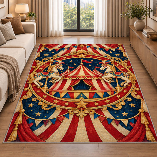 Vintage Circus Emblem Rug in a bright living room with a sofa