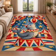 Circus Seal Rug in a bright living room with a sofa