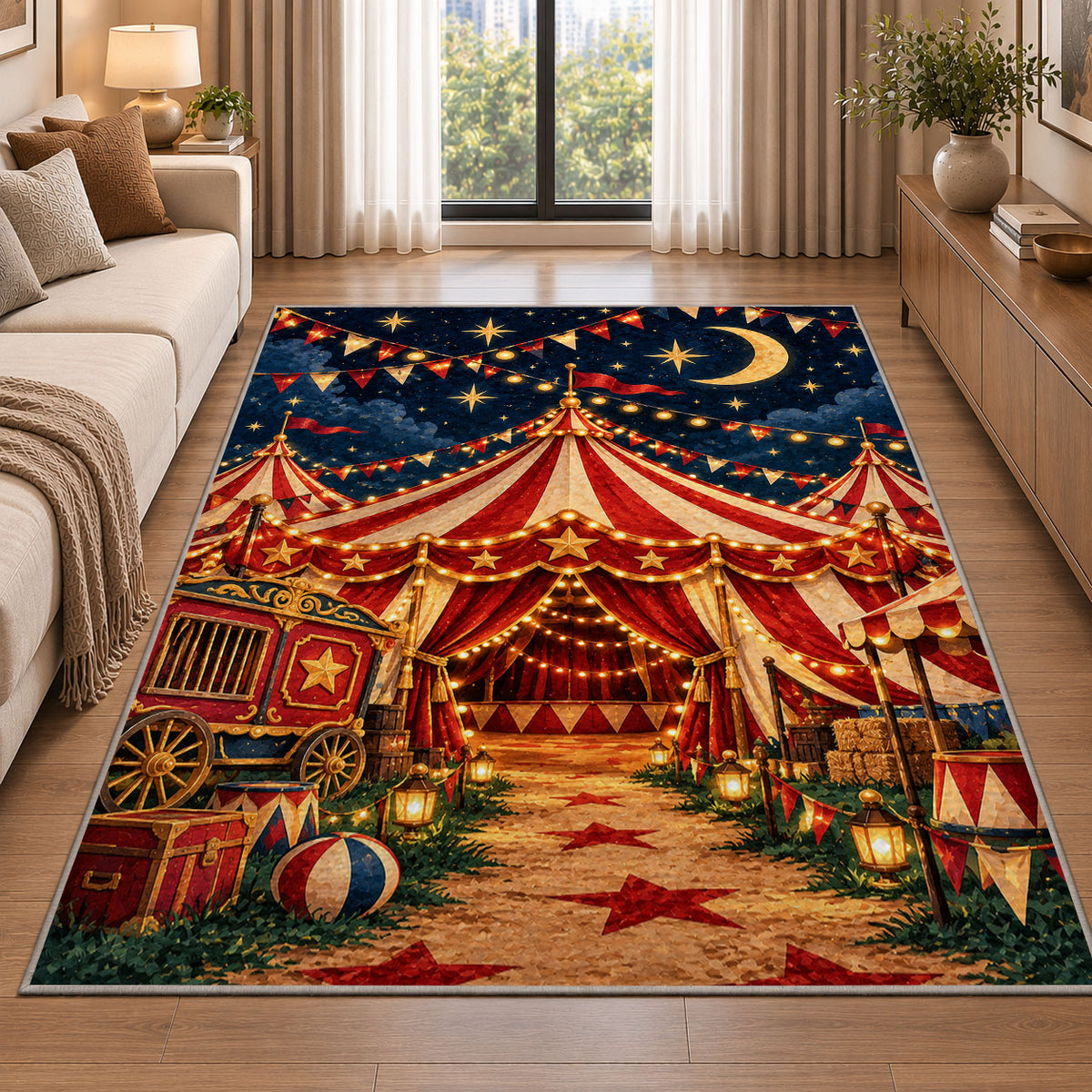 Circus Tent at Night Rug in a bright living room with a sofa