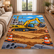 Yellow Excavator Rug in a bright living room with a sofa