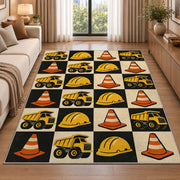 Retro Checkered Construction Rug in a bright living room with a sofa