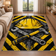 Hard Hat and Tools Rug in a bright living room with a sofa