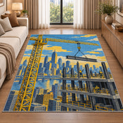 Tower Crane City Rug in a bright living room with a sofa