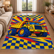 Pop Art Dump Truck Rug in a bright living room with a sofa