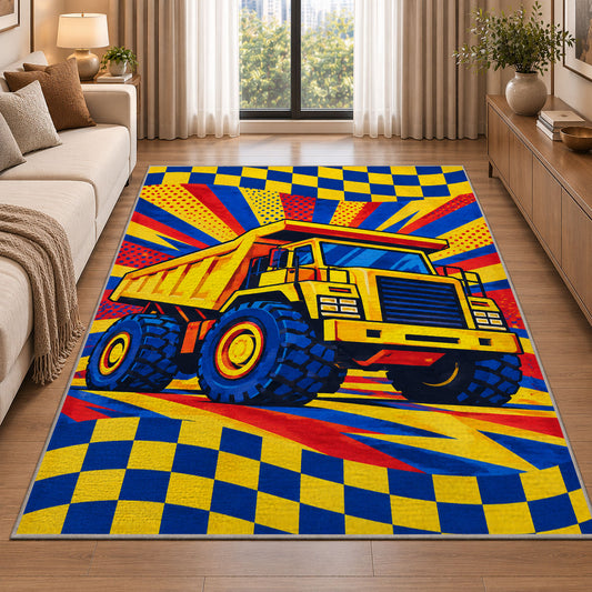 Pop Art Dump Truck Rug in a bright living room with a sofa