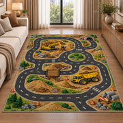 Construction Race Track Rug in a bright living room with a sofa