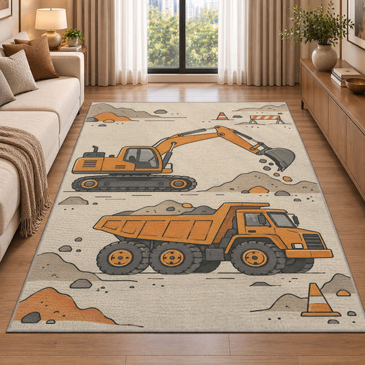 Minimalist Excavator Line Art Rug in a bright living room with a sofa