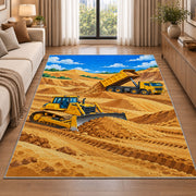 Bulldozer Dump Truck Rug in a bright living room with a sofa