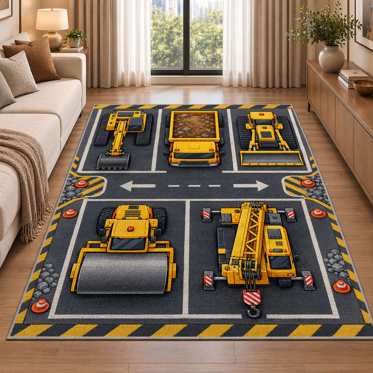 Construction Vehicle Parking Rug in a bright living room with a sofa
