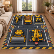 Construction Vehicle Parking Rug in a bright living room with a sofa