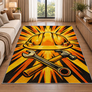 Hard Hat Sunburst Rug in a bright living room with a sofa