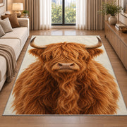 Highland Cow Portrait Rug in a bright living room with a sofa