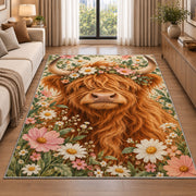 Highland Cow Flower Crown Rug in a bright living room with a sofa