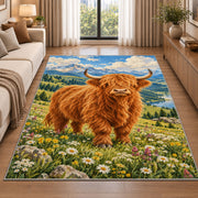 Highland Cow Mountain Meadow Rug in a bright living room with a sofa