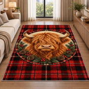 Highland Cow Tartan Plaid Rug in a bright living room with a sofa