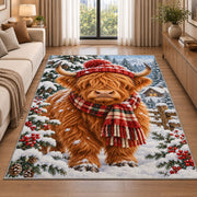 Highland Cow Winter Rug in a bright living room with a sofa
