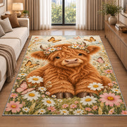 Baby Highland Cow Nursery Rug in a bright living room with a sofa