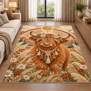 Boho Highland Cow Rug in a bright living room with a sofa