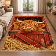 Highland Cow Barn Door Rug in a bright living room with a sofa