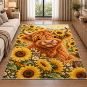 Highland Cow Sunflower Rug in a bright living room with a sofa