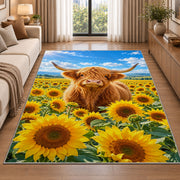 Highland Cow Sunflower Field Rug in a bright living room with a sofa