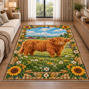 Highland Cow Farm Scene Rug in a bright living room with a sofa