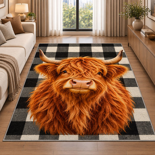 Highland Cow Buffalo Check Rug in a bright living room with a sofa