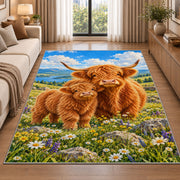 Highland Cow Mom and Calf Rug in a bright living room with a sofa