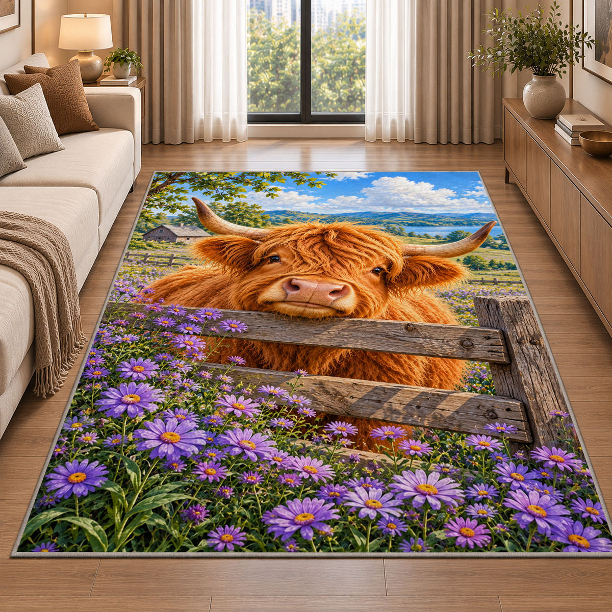 Highland Cow Fence Rug in a bright living room with a sofa