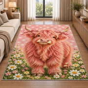 Pink Highland Cow Rug in a bright living room with a sofa