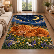 Sleeping Highland Cow Rug in a bright living room with a sofa