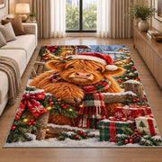 Christmas Highland Cow Rug in a bright living room with a sofa