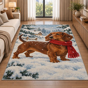 Dachshund Winter Rug in a bright living room with a sofa