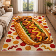 Hot Dog Dachshund Rug in a bright living room with a sofa