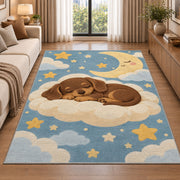 Sleeping Dachshund Puppy Rug in a bright living room with a sofa