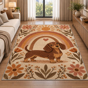Boho Dachshund Rainbow Rug in a bright living room with a sofa