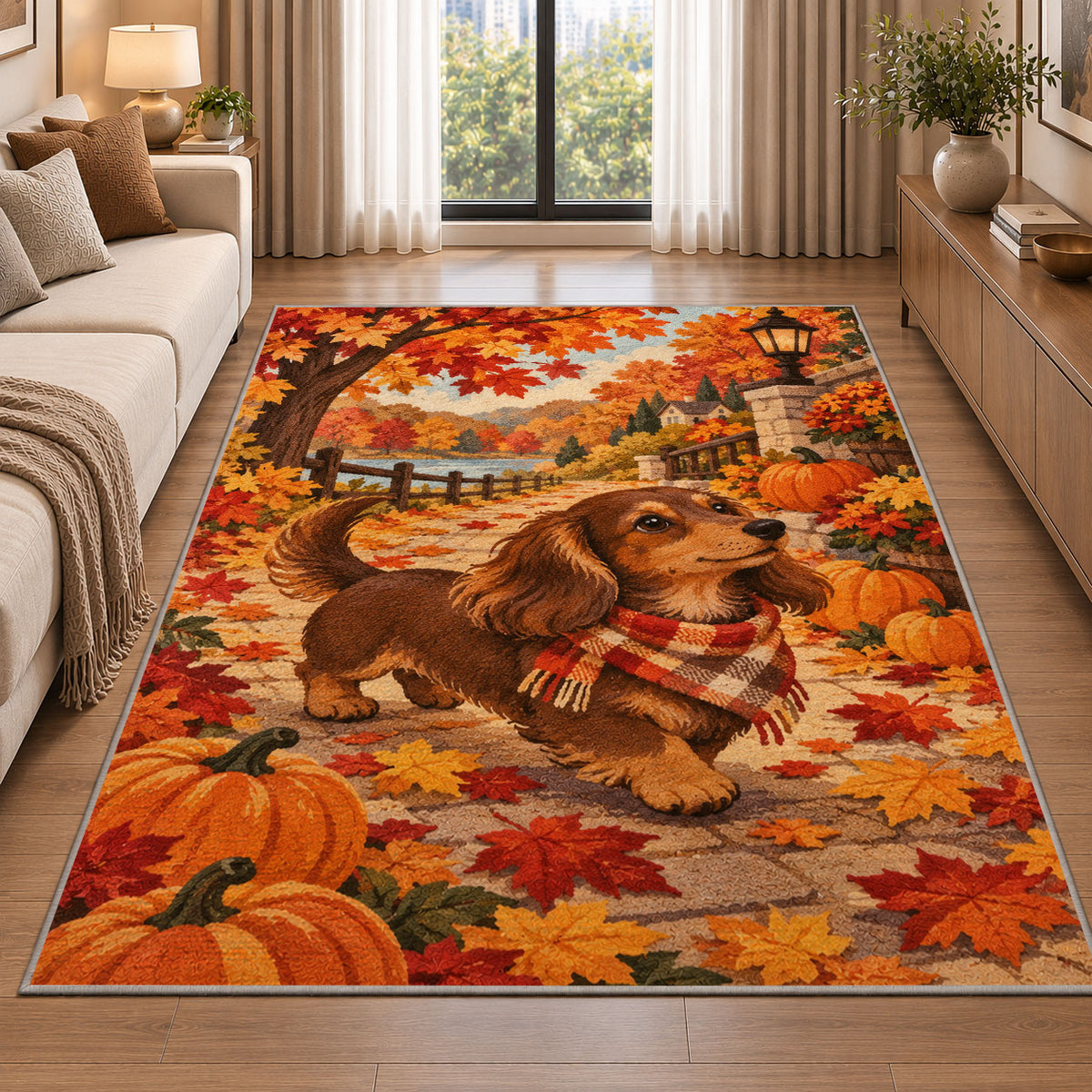 Autumn Dachshund Rug in a bright living room with a sofa