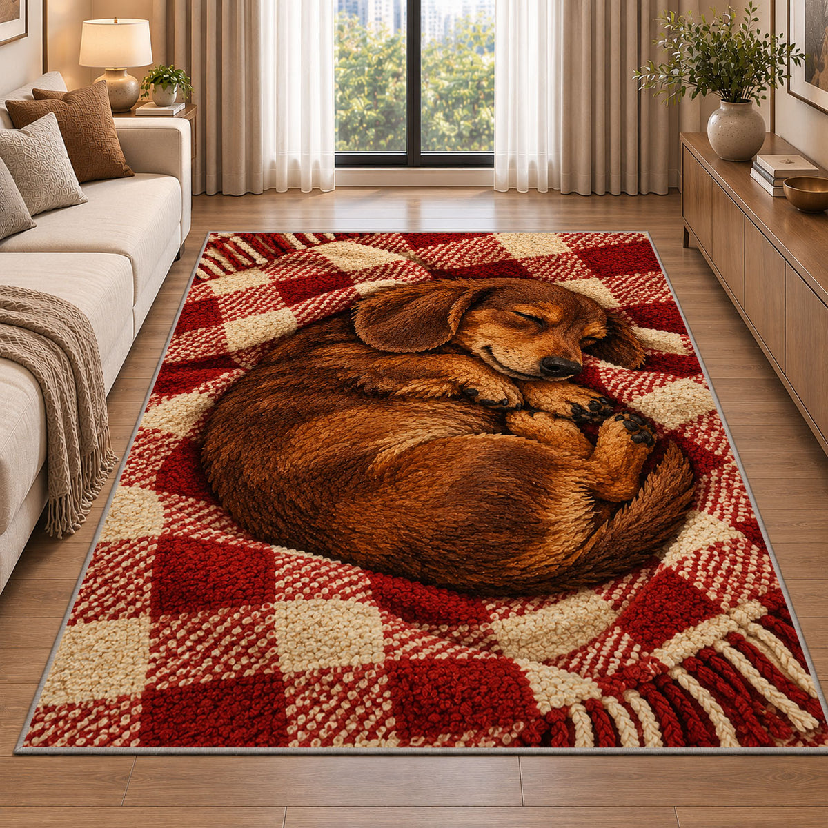 Sleeping Dachshund Blanket Rug in a bright living room with a sofa