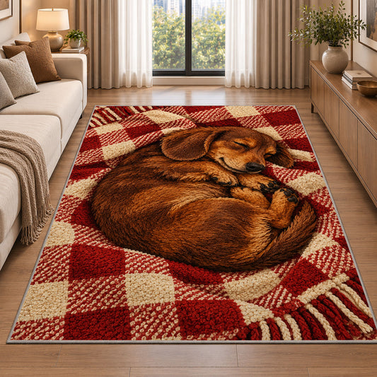 Sleeping Dachshund Blanket Rug in a bright living room with a sofa