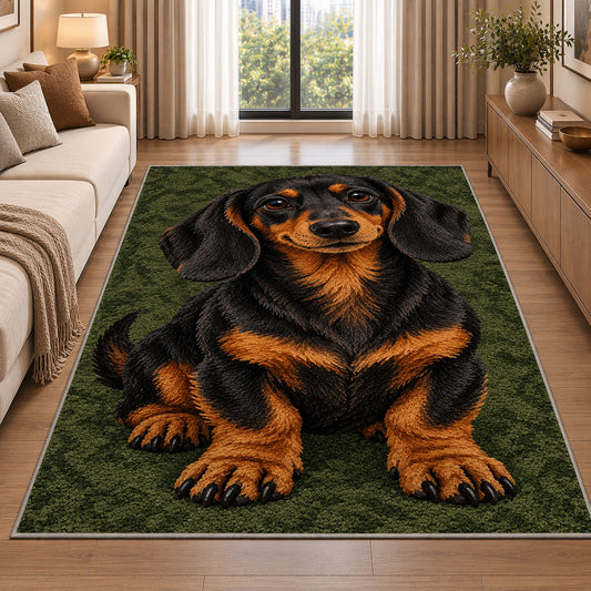 Black and Tan Dachshund Rug in a bright living room with a sofa