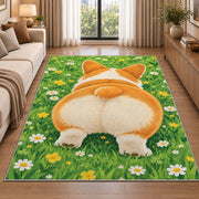 Corgi Butt Welcome rug in a bright living room with a sofa