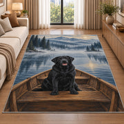 Black Lab in Rowboat rug in a bright living room with a sofa