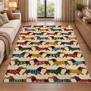 Dachshund Parade in Sweaters rug in a bright living room with a sofa