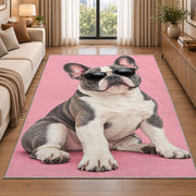 French Bulldog in Sunglasses rug in a bright living room with a sofa