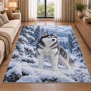 Blue-Eyed Husky in Snowy Forest rug in a bright living room with a sofa