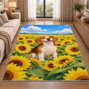 Beagle in Sunflower Field rug in a bright living room with a sofa