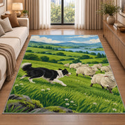 Border Collie Herding Sheep rug in a bright living room with a sofa